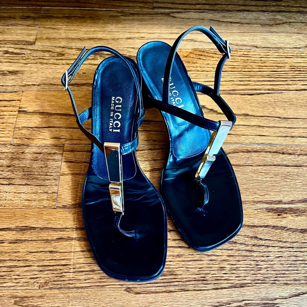 Vintage Gucci Sandals, Gold Detail, Black, 8